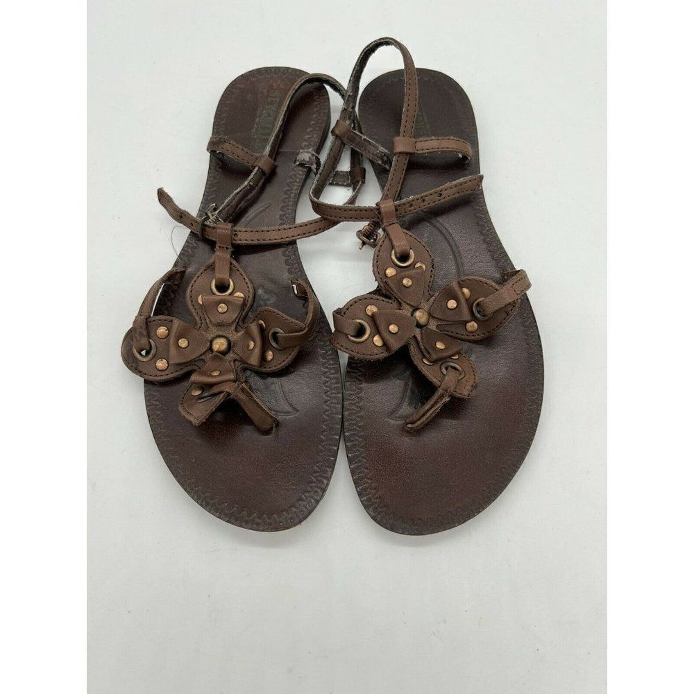 Seychelles Brown Leather Strappy Flat Sandal Floral 8.5M
